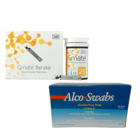 50 Comfys Gmate Glucose Strips plus alcohol prep pads swabs